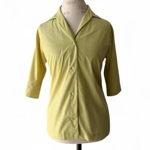 1950s Lady Manhattan Green Button Down Collared 3/4 Sleeve‎ Blouse